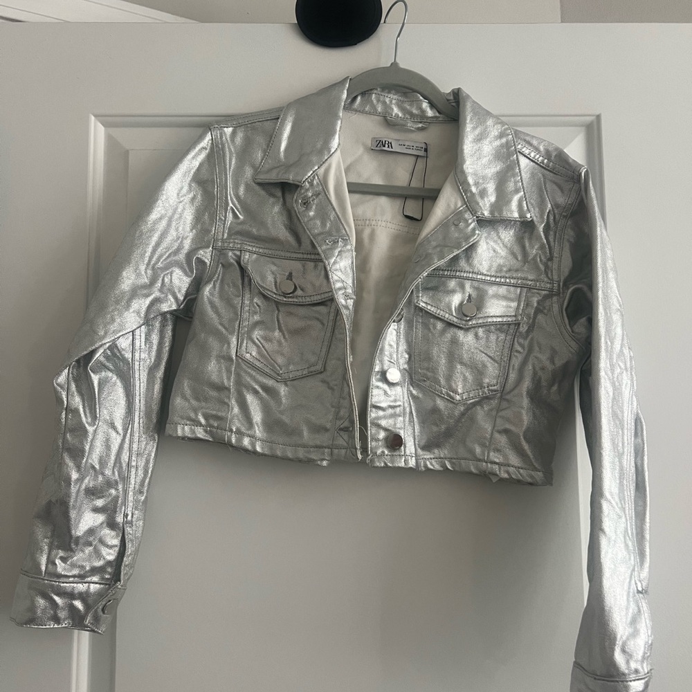Zara Silver Metallic cropped Women's Jacket